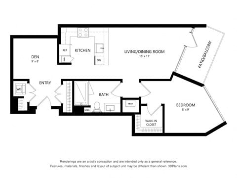 Floor plan for 1 bed, 1 bath, 844 sqft